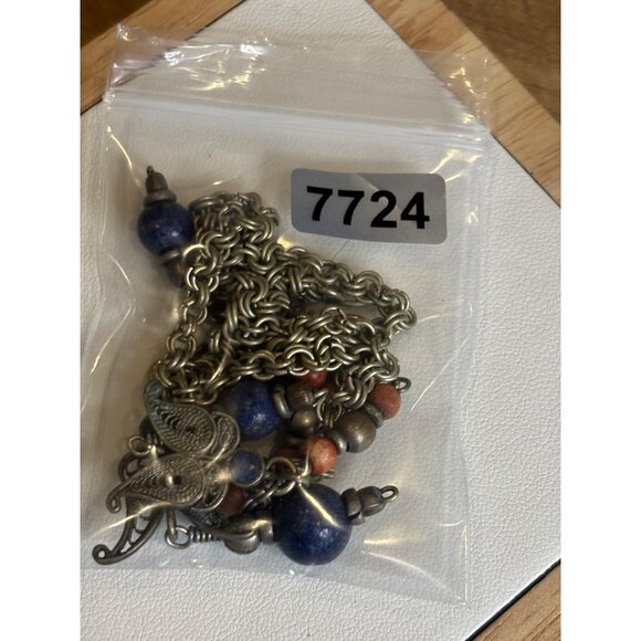 Vintage Angel Pendant Necklace With Lapis Beads & Brass Chain - Picture 7 of 16